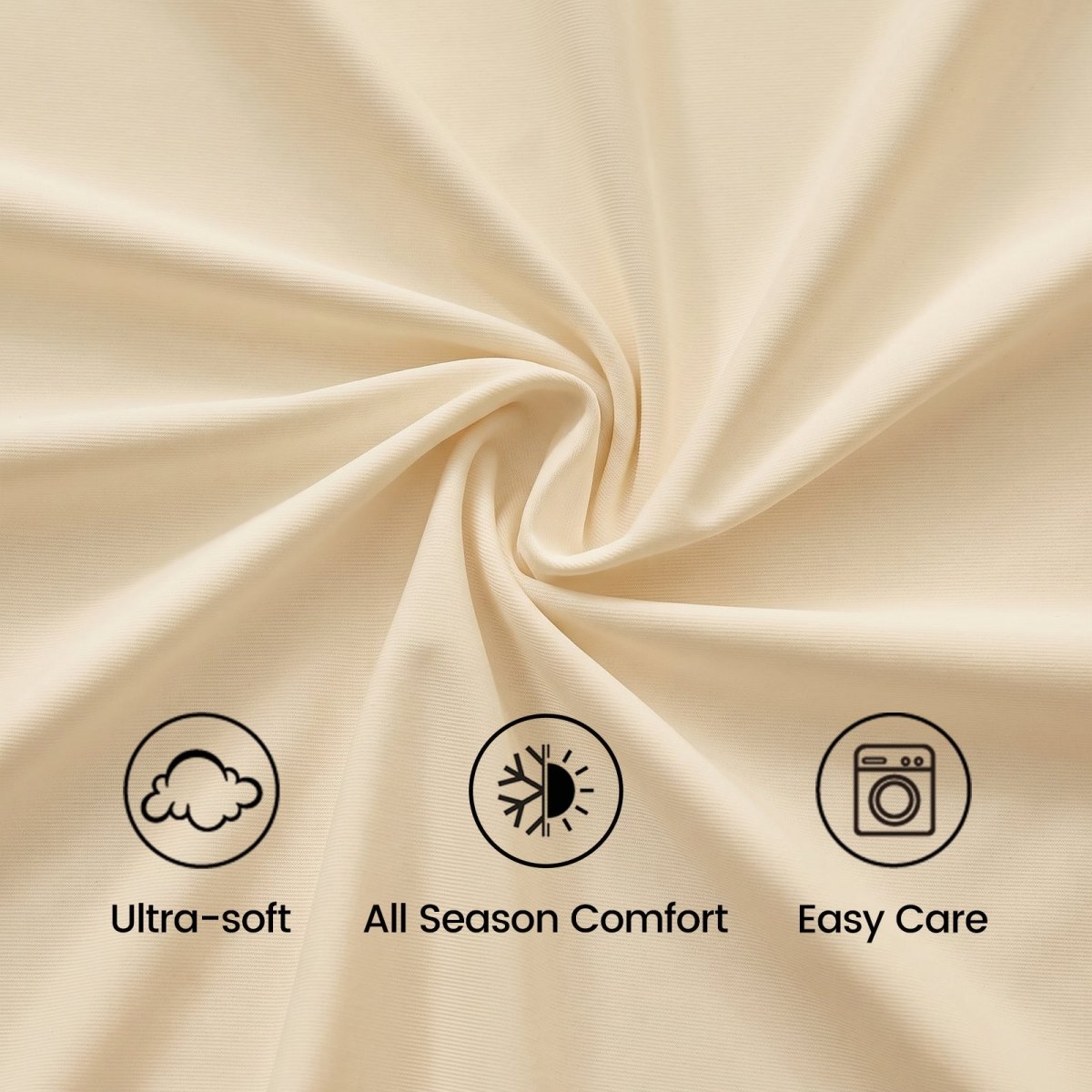 Close up of khaki fabric with icons and text indicating ultra-soft, all-season comfort, and easy care.#color_Khaki