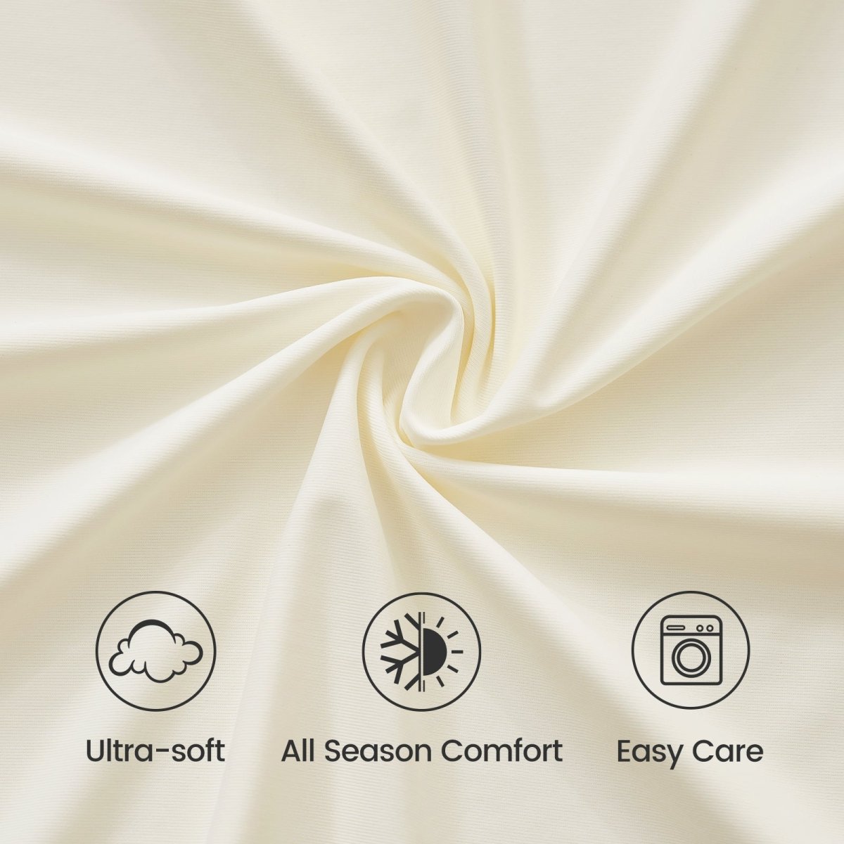 Close-up of beige fabric with icons and text indicating 'Ultra-soft', 'All Season Comfort', and 'Easy Care'.  #Color_Cream White