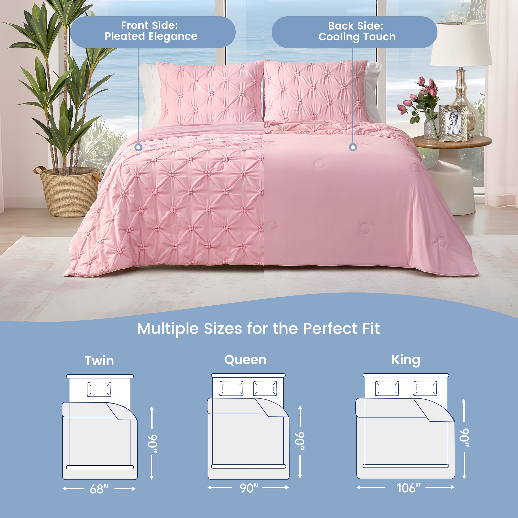 Cozy Bliss pink pintuck cooling comforter with pleated front and cooling touch back, shown on a bed with measurements for Twin, Queen, and King sizes. #Color_Pink