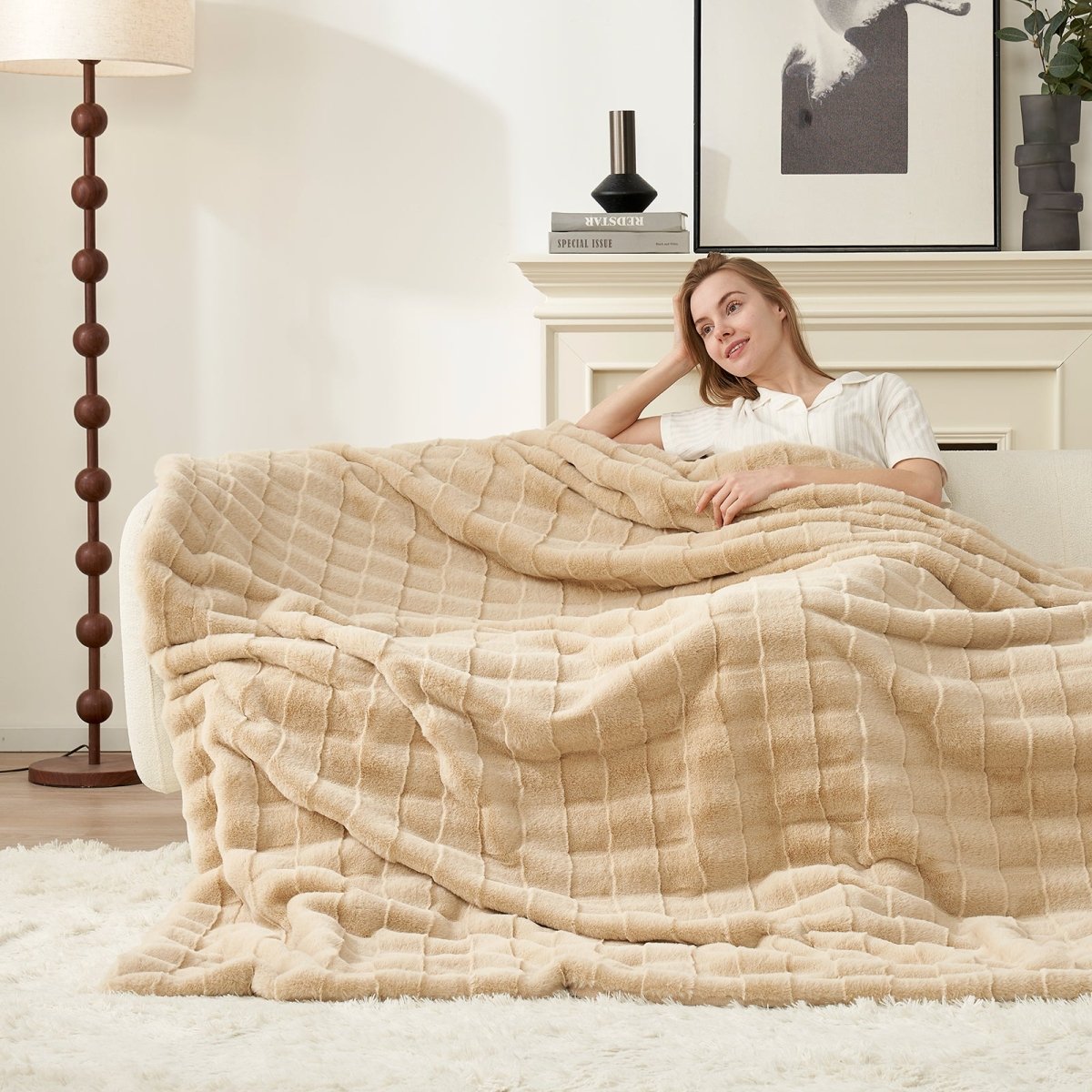 Cozy Bliss beige faux fur throw blanket with a cross-striped pattern, perfect for a cozy bedroom or living room. #color_Beige