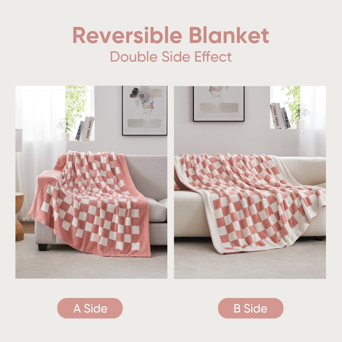 Reversible Checkered Feather Yarn Knit Throw Blanket in Pink featuring double side design for versatile styling. #color_Pink White