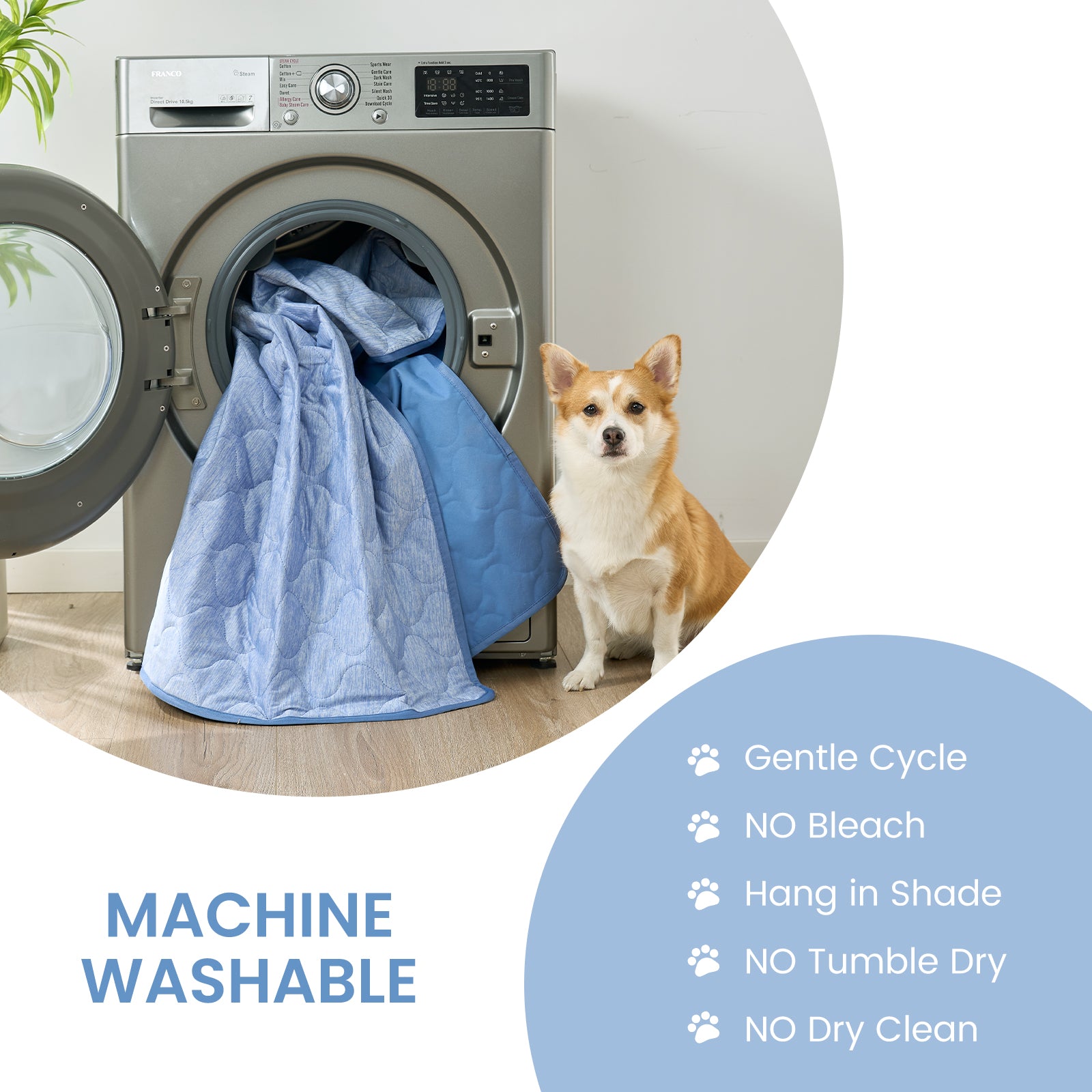 Machine washable cooling blanket for pets with washing instructions for easy care at home.#color_Blue