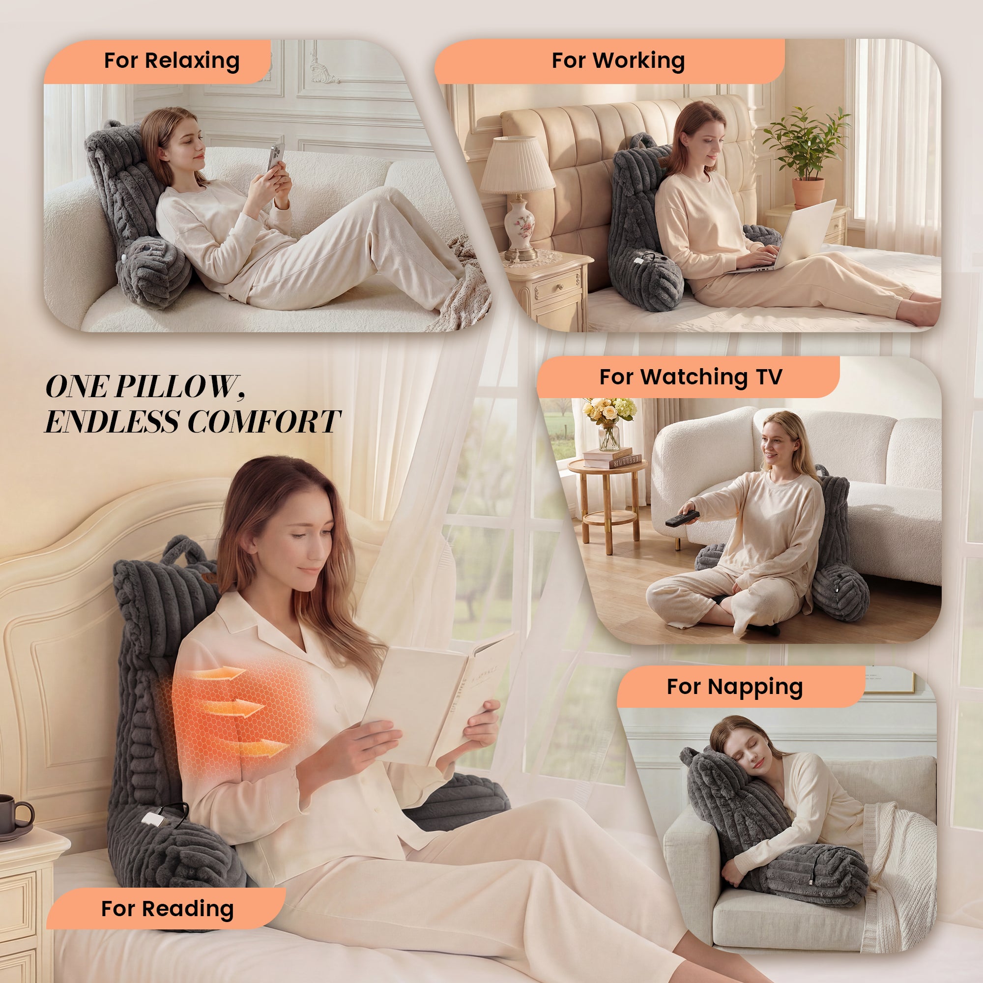 Woman using a reading pillow in various settings for relaxing, working, watching TV, napping, and reading.#color_Grey