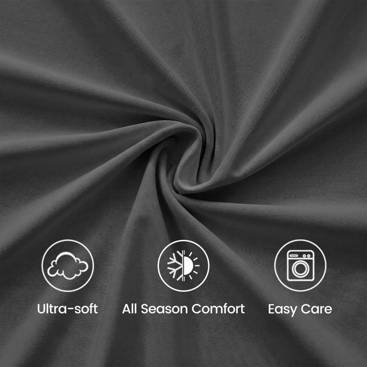 Close up of charcoal gray fabric with icons and text indicating ultra-soft, all-season comfort, and easy care.#color_Charcoal Grey