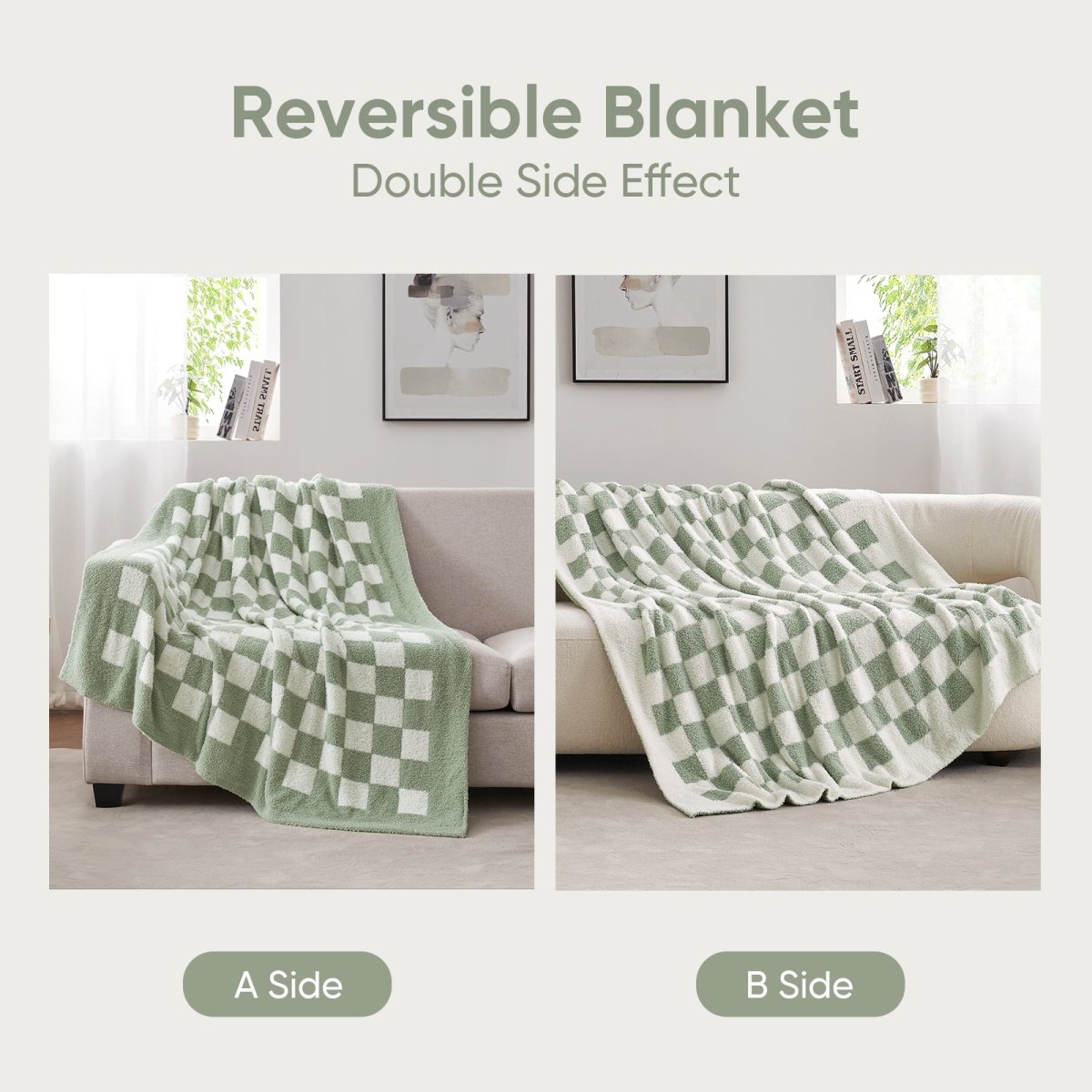 Reversible Checkered Feather Yarn Knit Throw Blanket in Sage Green & White featuring dual-sided design for versatile use. #color_Sage Green & White