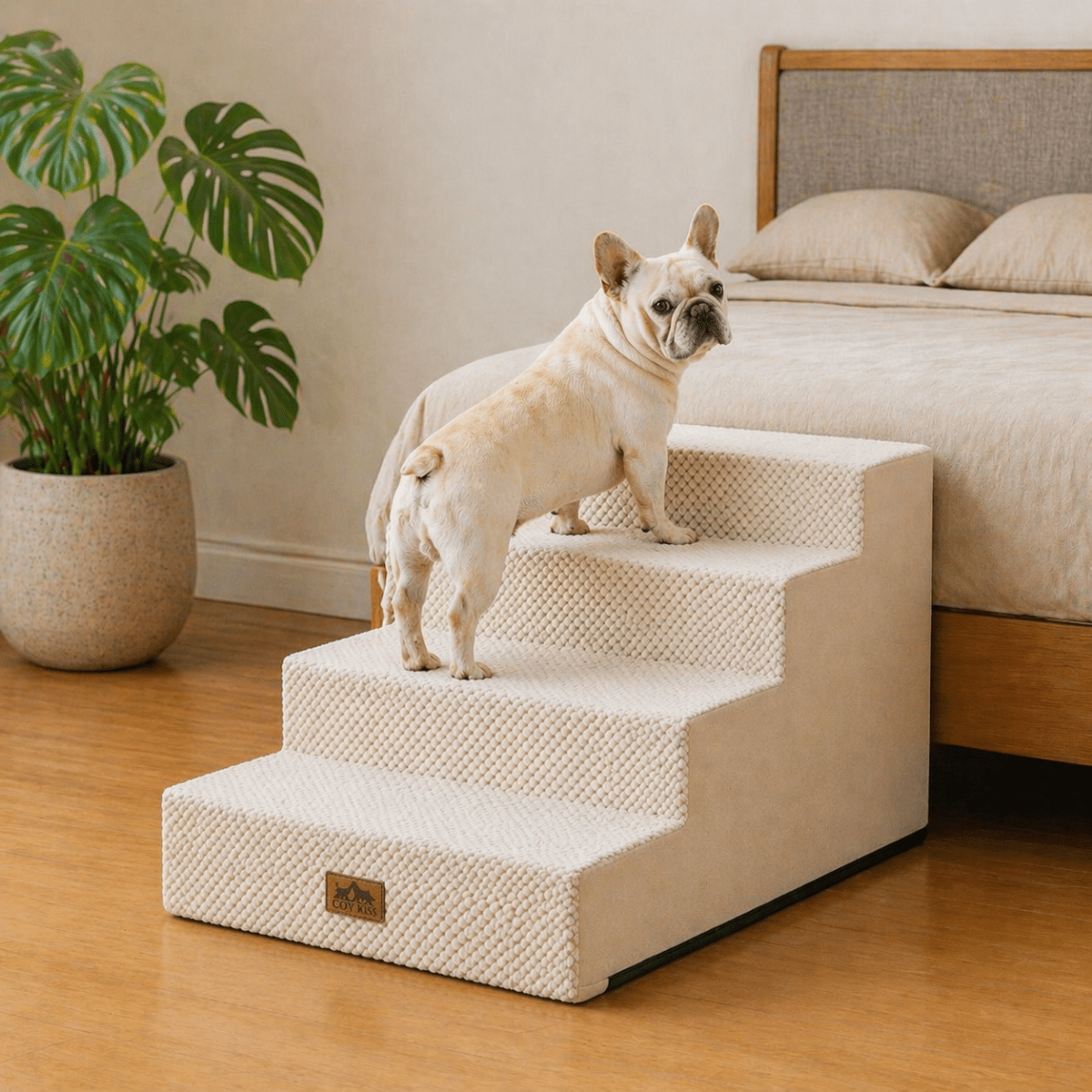 Cozy Bliss 4 Step Right-Angle Arthritis Prevention Foam Pet Stairs in Beige with a dog stepping on it by the bed. #color_Beige