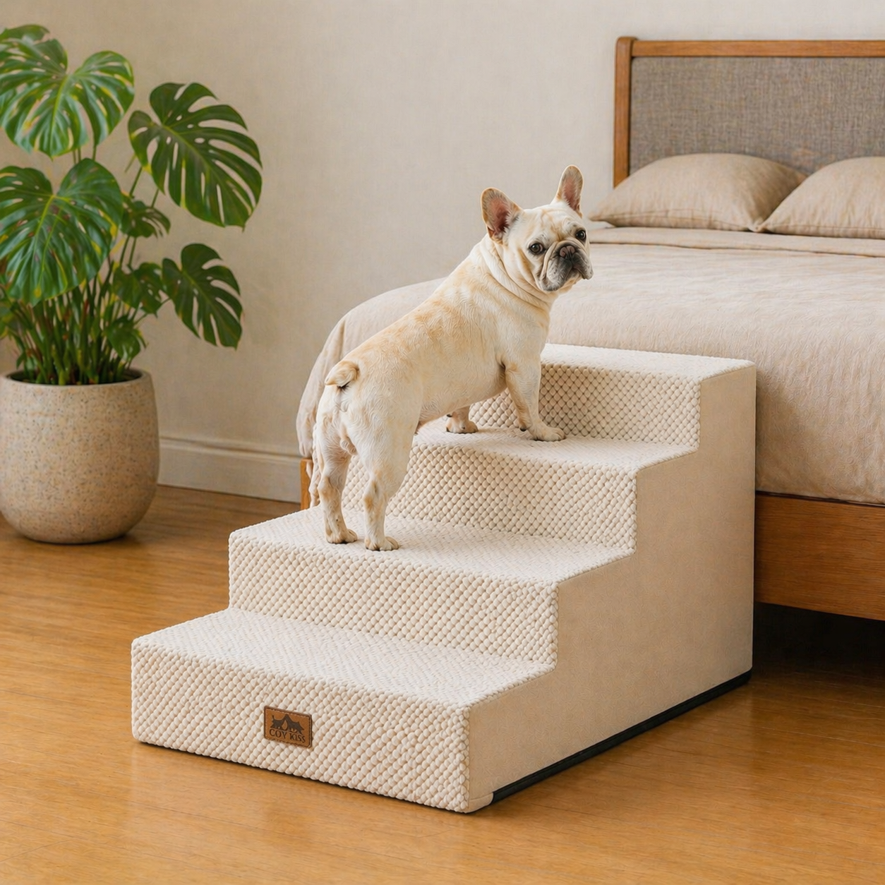 Cozy Bliss 4 Step Right-Angle Arthritis Prevention Foam Pet Stairs in Beige with a dog stepping on it by the bed. #color_Beige