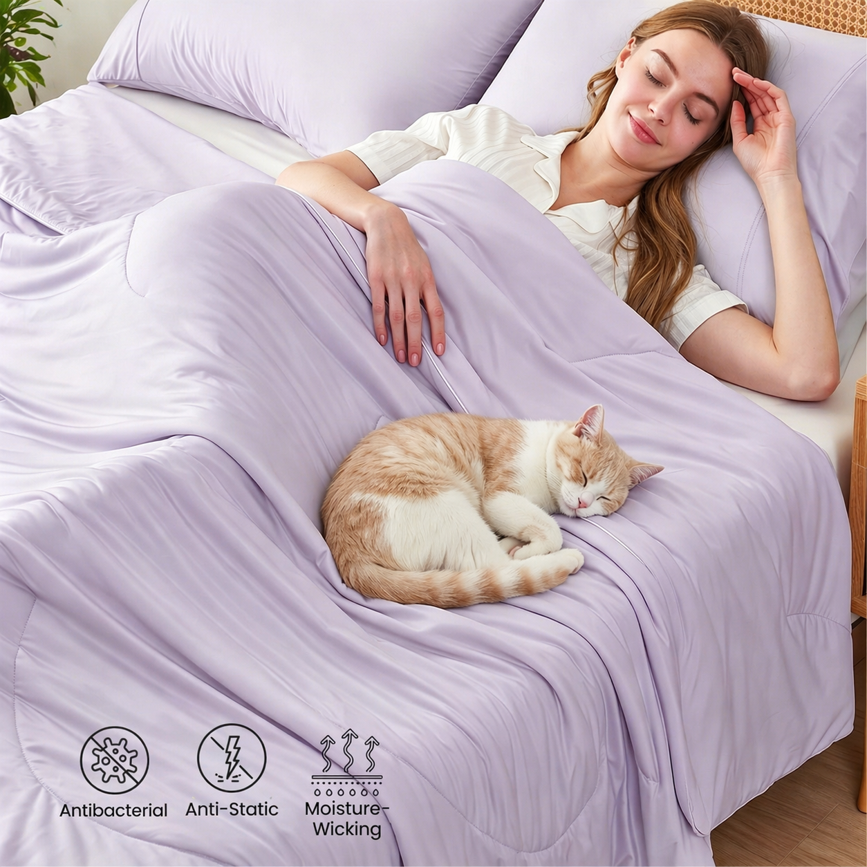 Woman sleeping with a cat on a purple comforter in a bedroom.#color_Lavender Purple
