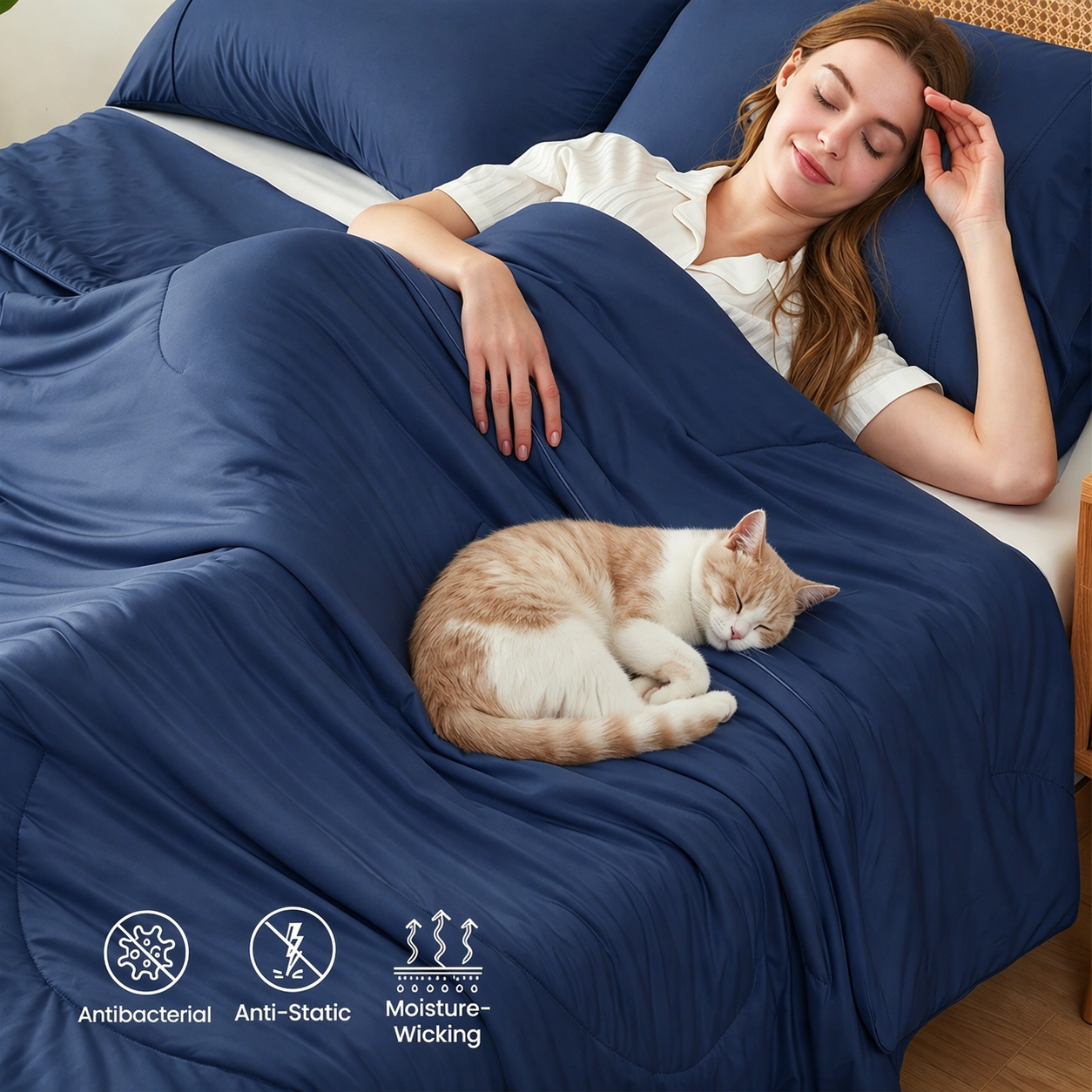 Woman lying in bed with a cat under a blue comforter, with product features displayed.#color_Dark Blue