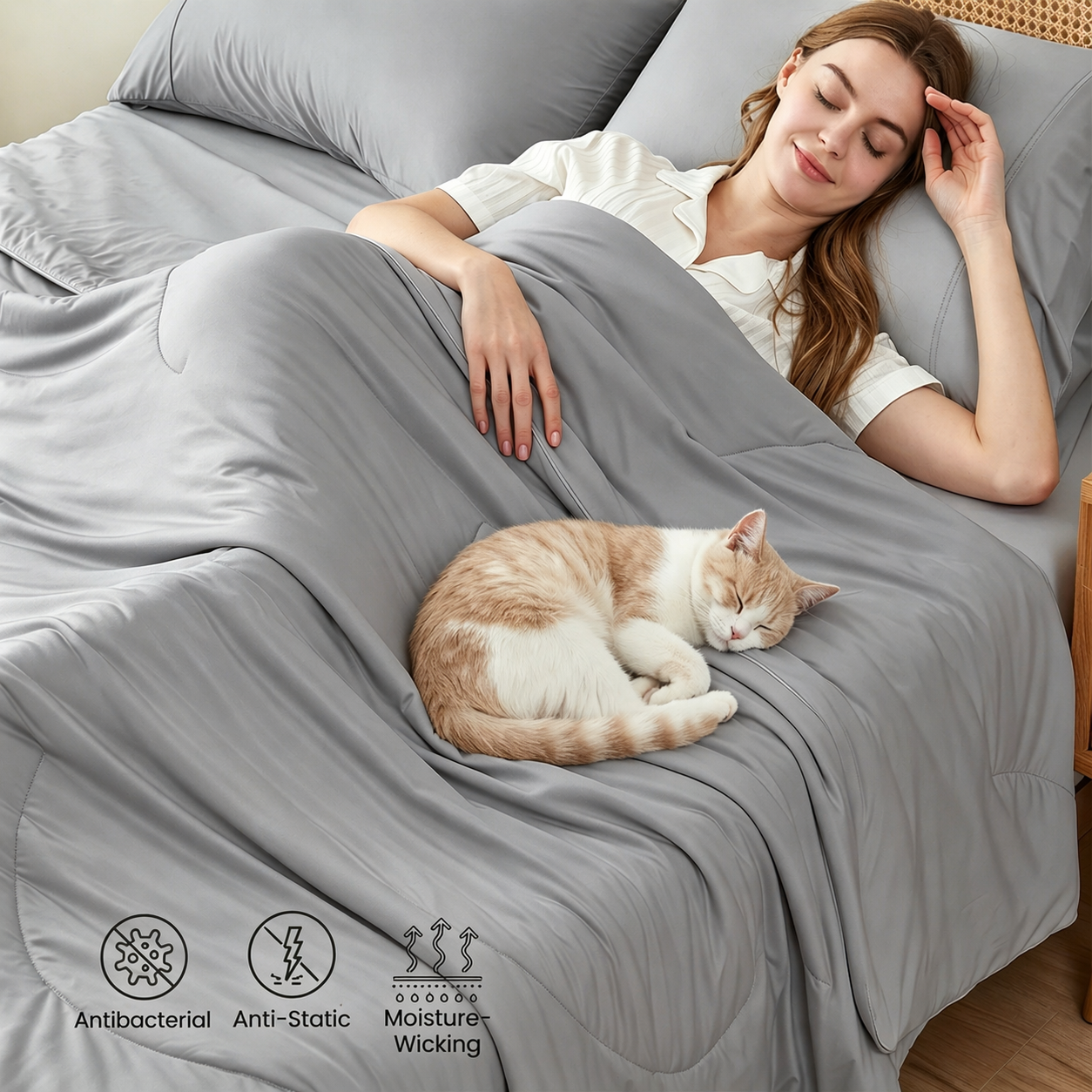 Woman sleeping with a cat under a gray comforter on a bed, with product features displayed.#color_Cool Grey