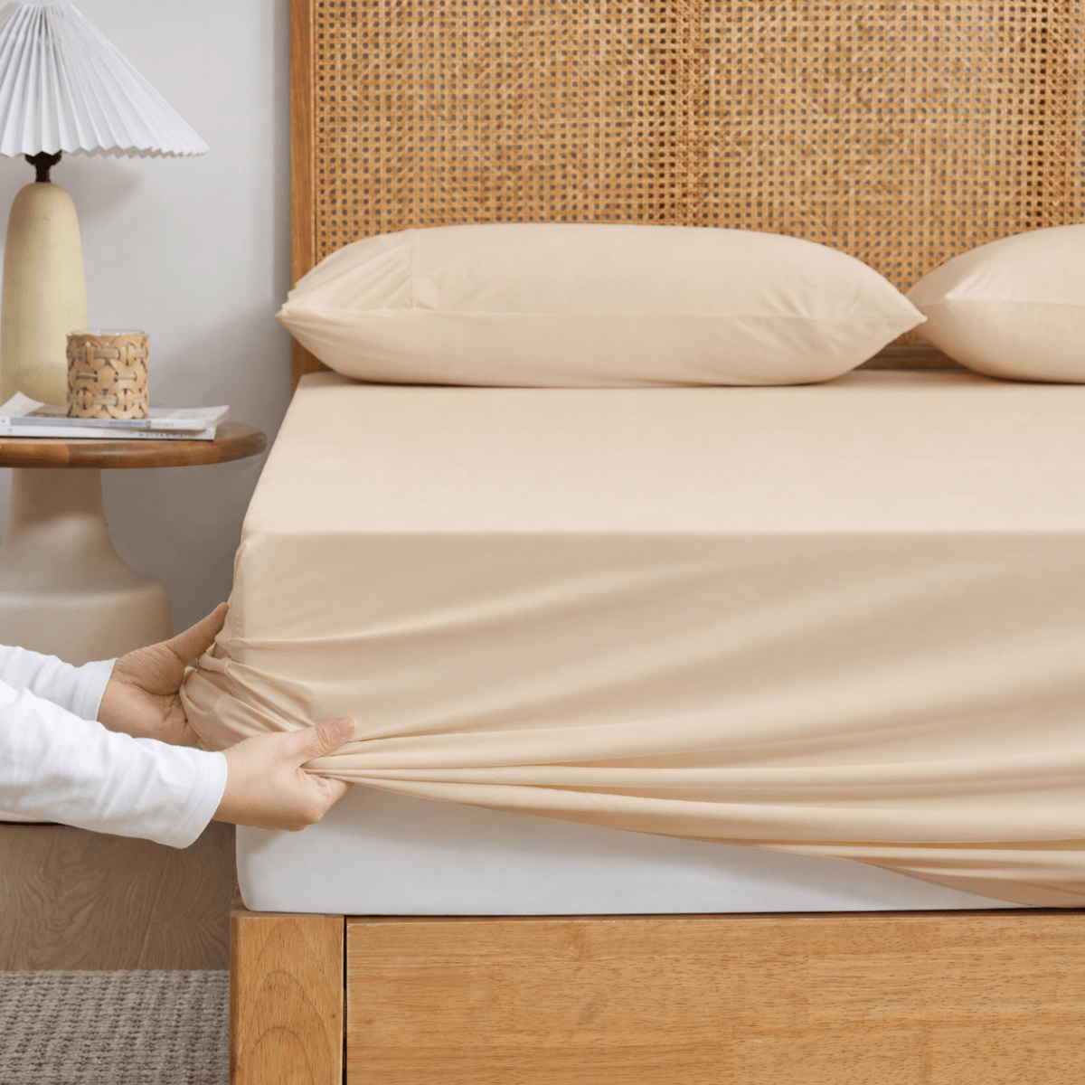 Cozy Bliss Khaki-colored cooling fitted sheet set with pillowcases front view. #Color_Khaki