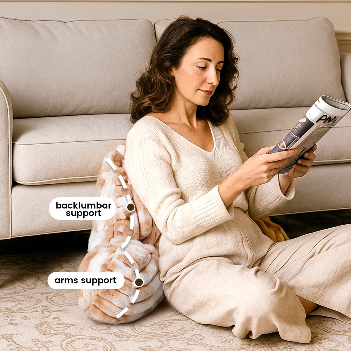 Cozy Bliss faux fur reading pillow providing back lumbar and arm support for cozy reading time #color_Tie-dye Beige