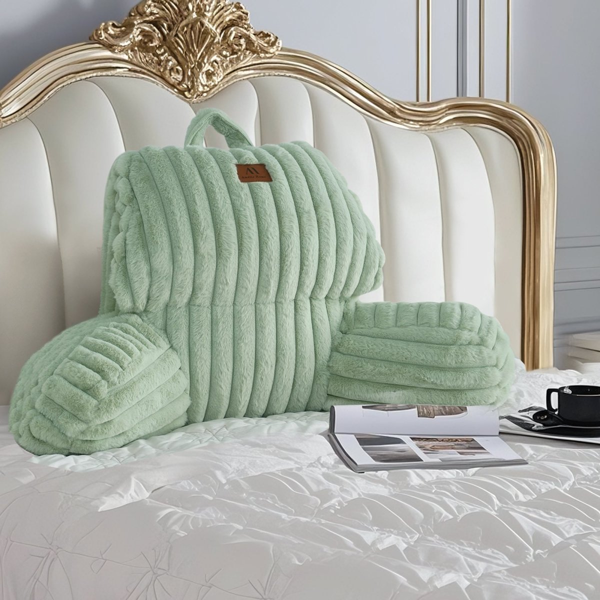 Cozy Bliss striped faux fur backrest pillows in sage green on a bed #color_Sage Green