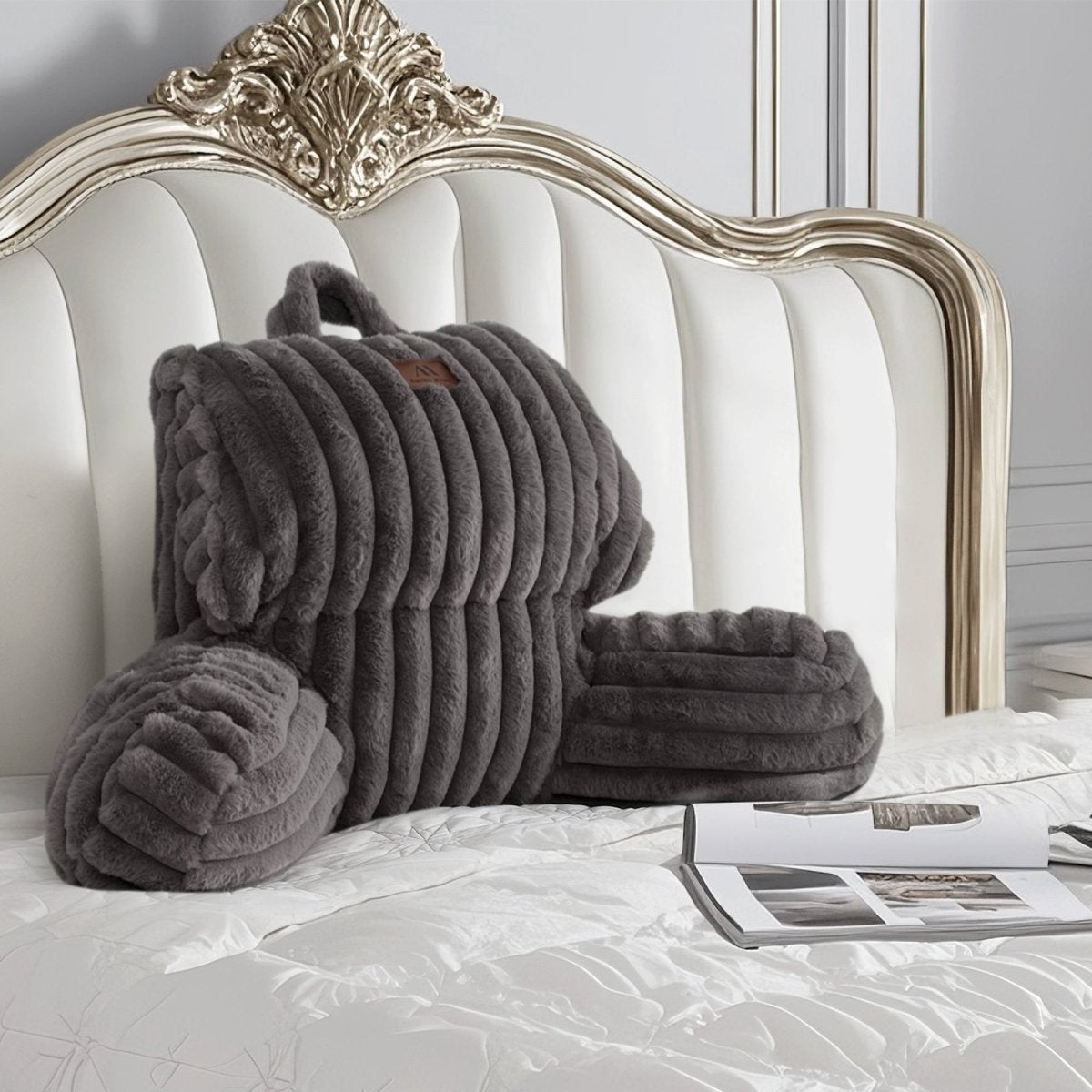 Cozy Bliss striped faux fur backrest pillows in Charcoal Grey #color_Charcoal Grey