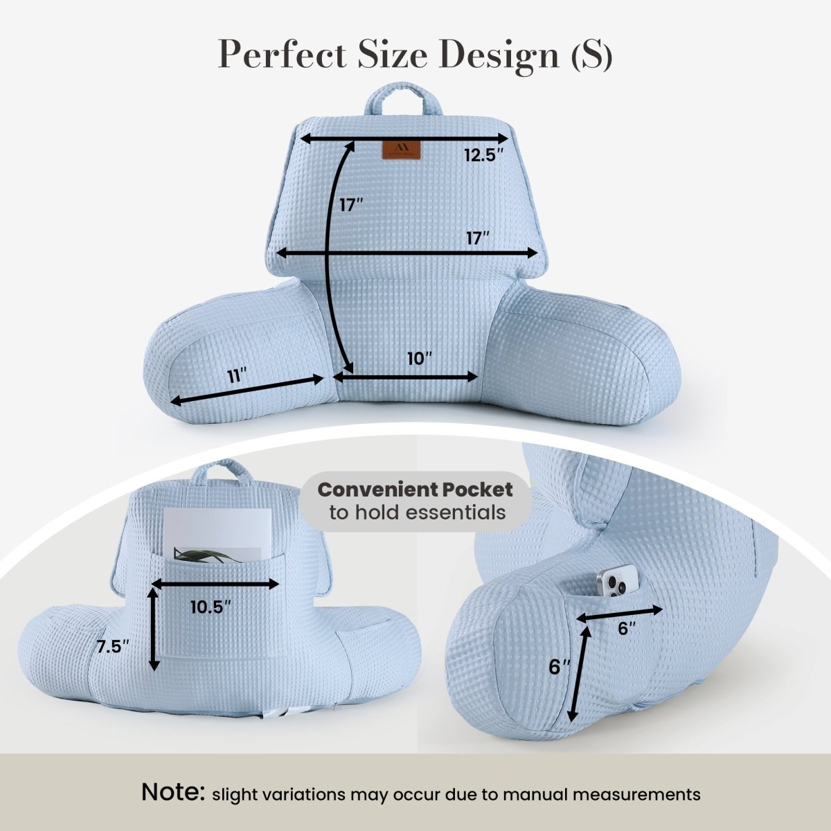 Small Size measurement of Cozy Bliss blue backrest reading pillow. #color_Cool Blue