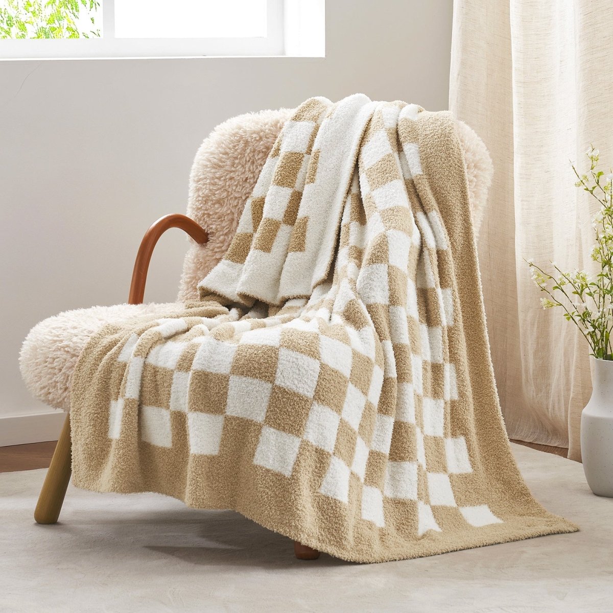 Checkered Feather Yarn Knit Throw Blanket in Beige & White front view draped over a chair, showcasing soft texture and classic pattern design. #color_Beige & White