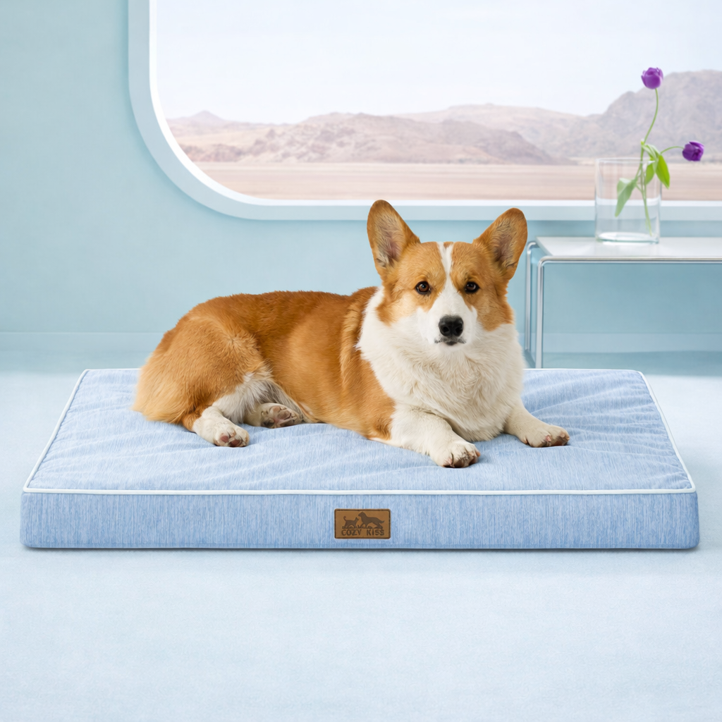 Front view of corgi lying on a blue dog bed with a scenic window in the background#color_Cool Blue