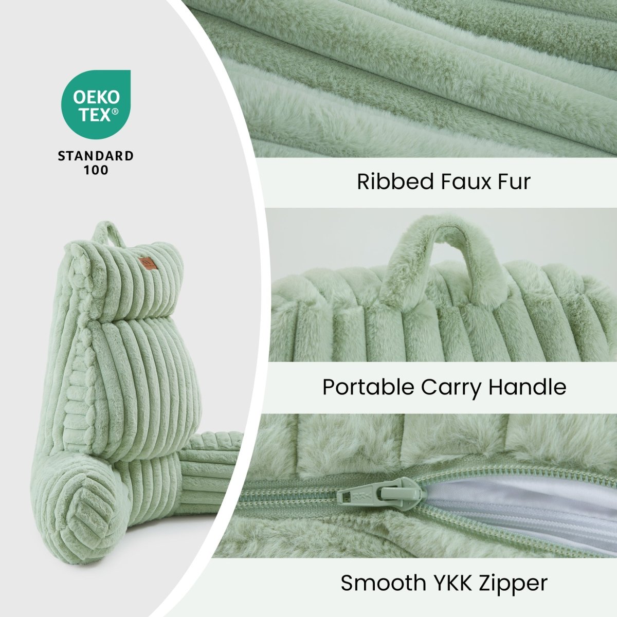 Cozy Bliss striped faux fur backrest reading pillow with portable carry handle and OEKO-TEX certified fabric #color_Sage Green