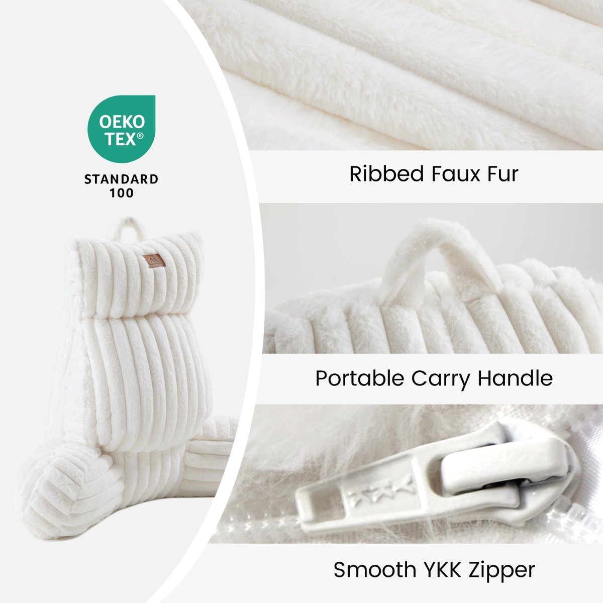 Cozy Bliss striped faux fur backrest reading pillow with portable carry handle and OEKO-TEX certified fabric #color_Ivory