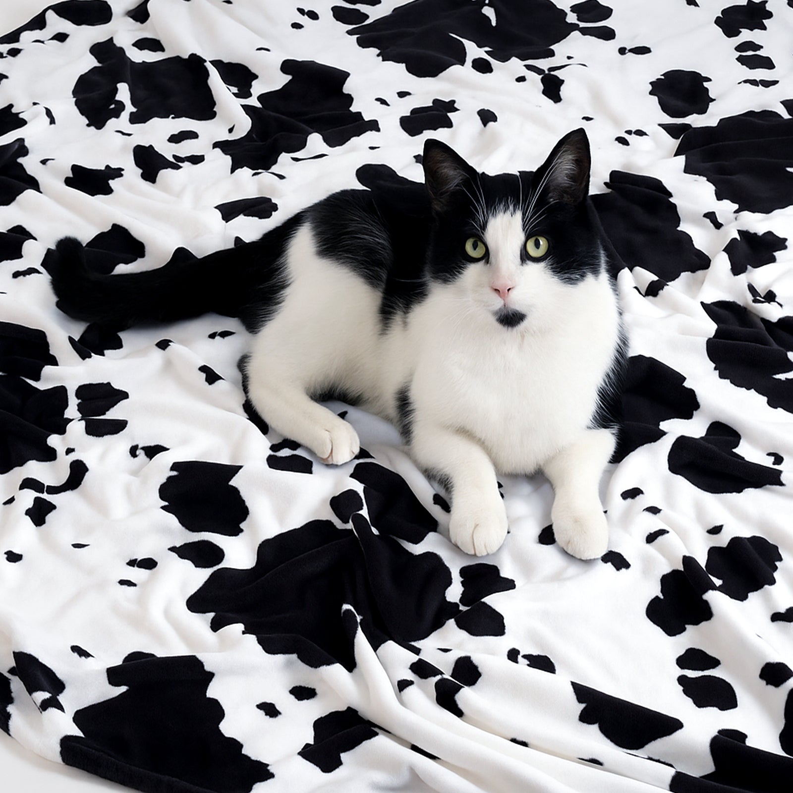 Black and white cat lying on a cow print blanket #color_Black White