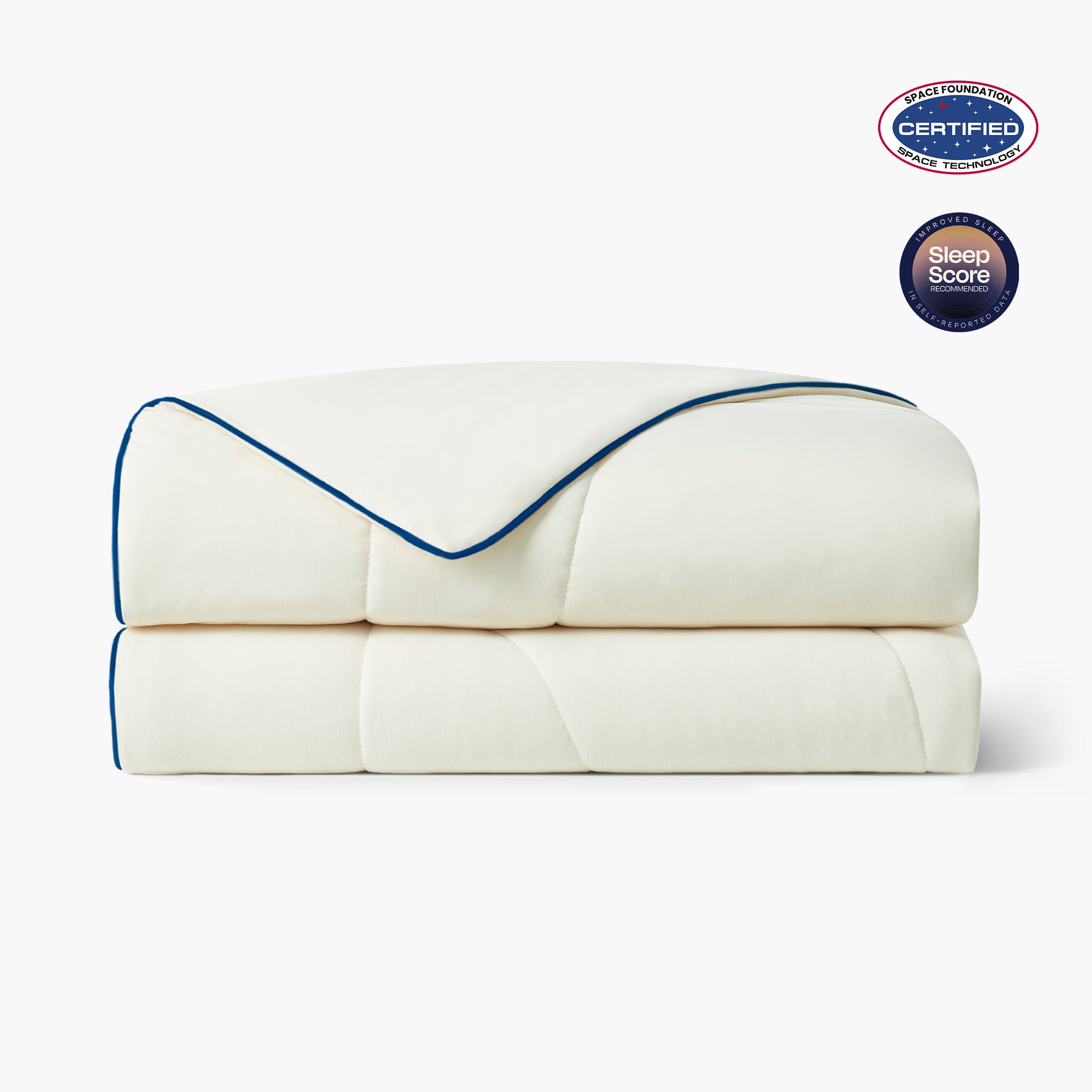 Folded white cooling comforter with Space Foundation and Sleep Score certification logo on a white background#color_Ivory