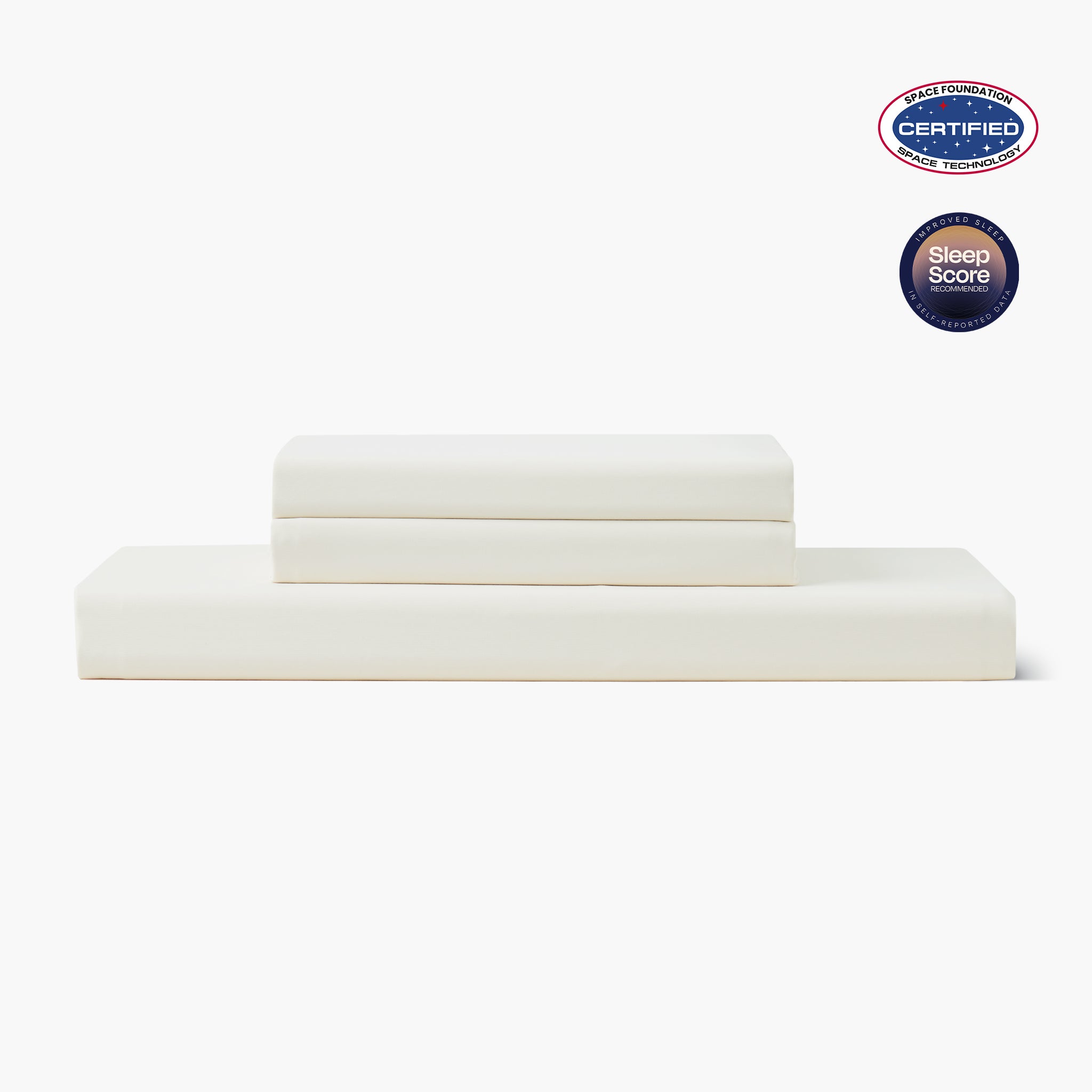 White bed sheets set with Space Foundation and Sleep Score certification logo on a white background#color_Ivory