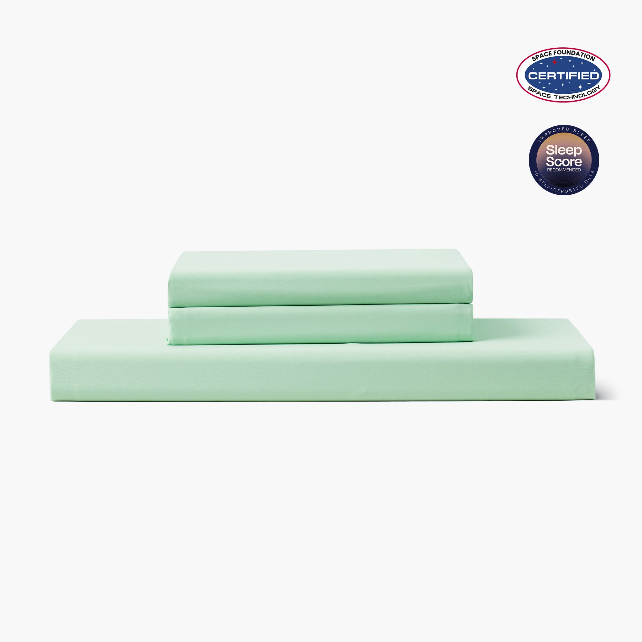 Green bed sheets set with Space Foundation and Sleep Score certification logo on a white background#color_Mint Macaron