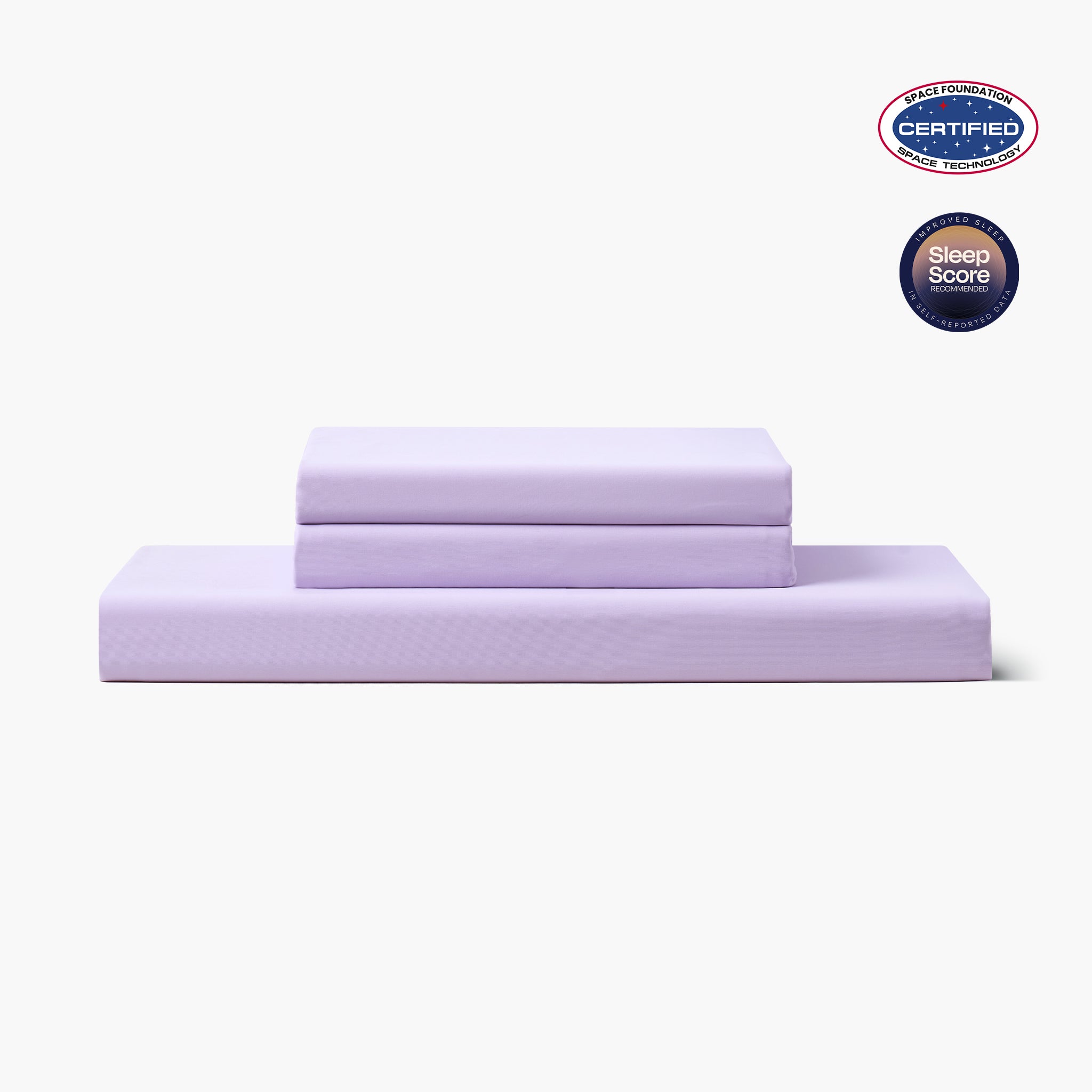 Lavender bed sheets set with Space Foundation and Sleep Score certification logo on a white background#color_Purple