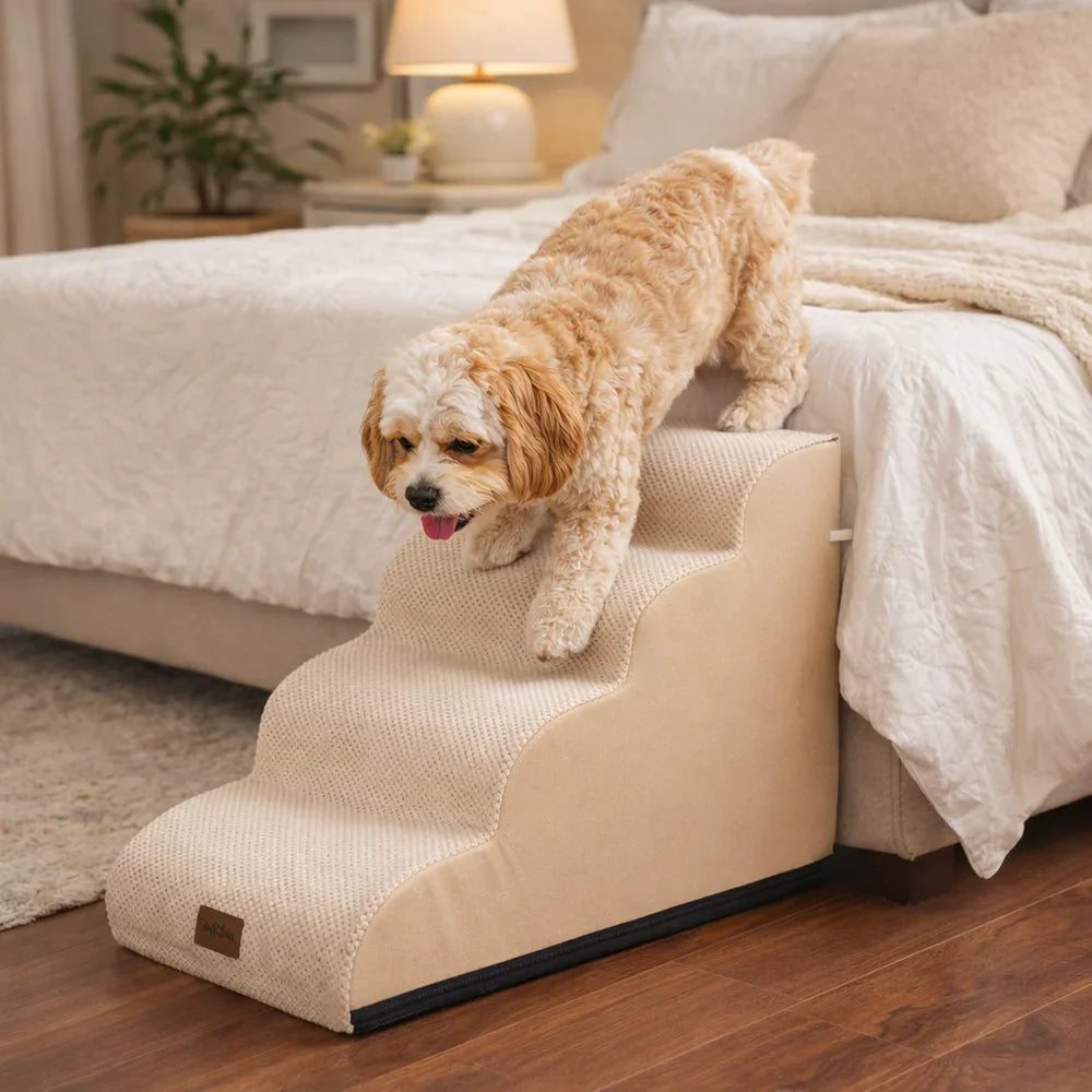 Pet Cooling Bundle: L-Shaped Dog Bed & Curved Pet Stairs