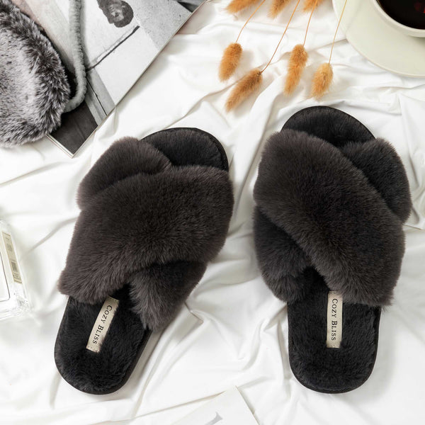 Women‘s Faux Fur Slide Slippers-Grey